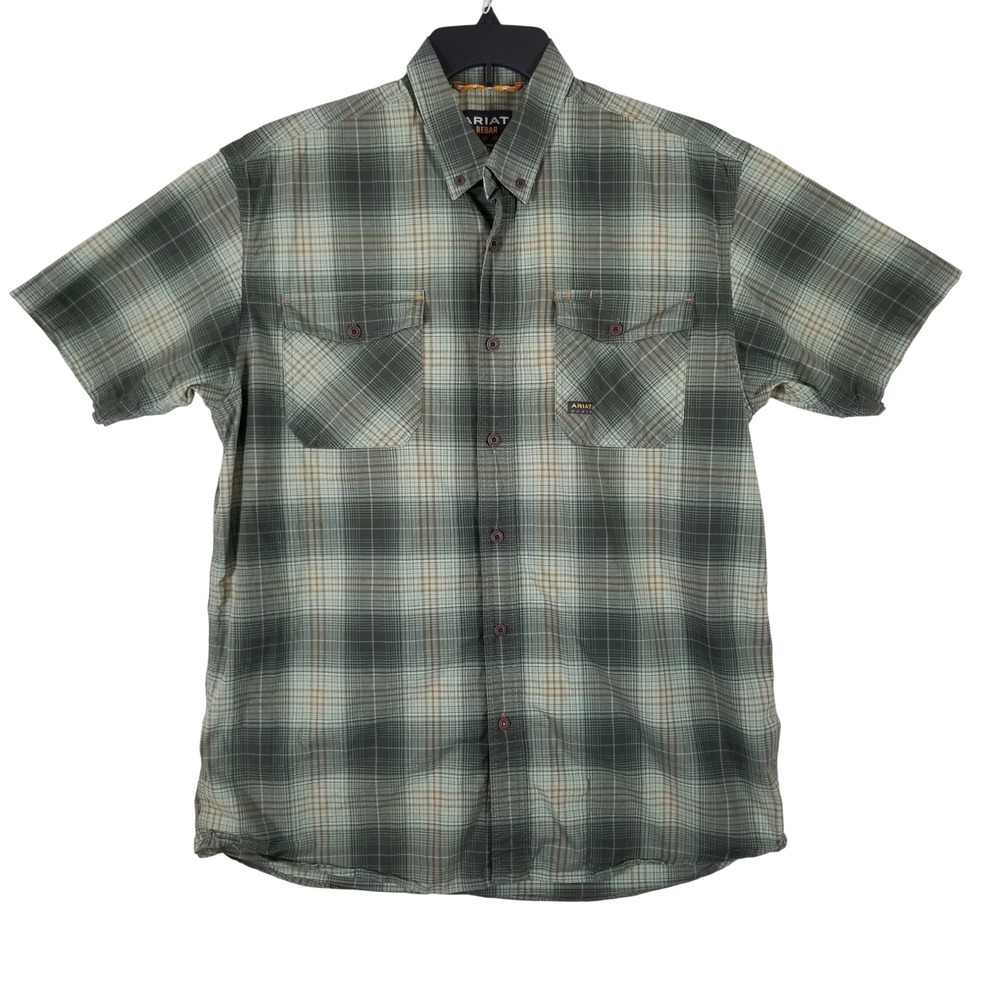 Ariat Rebar Mens Large Green Plaid Short Sleeve Button Down Work Shirt Stretch
